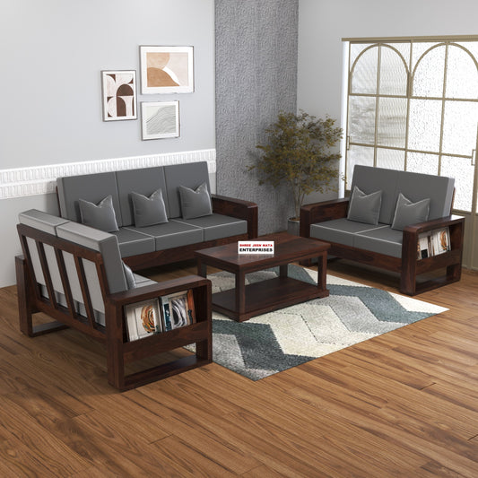 Solid Wood 7 Seater Sofa Set (3+2+2) | Natural & Walnut Finish Wooden Sofa with Cushions