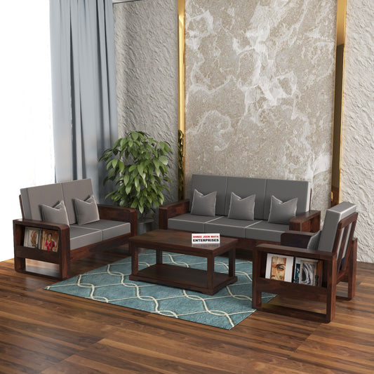 Solid Wood 6 Seater Sofa Set (3+2+1) | Natural & Walnut Finish Wooden Sofa with Cushions