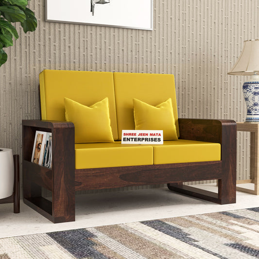Solid Wood 2 Seater Sofa | Natural & Walnut Finish Wooden Sofa with Cushioned Comfort