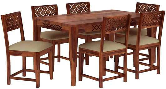 Solid Wood 6 Seater Dining Table Set with Cushioned Chairs – Classic Carved Design