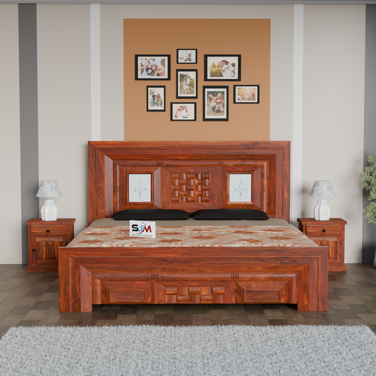 Modern King Size Solid Sheesham Wood Bed with Storage