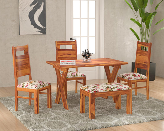 Solid Wood 4 Seater Dining Table Set with 3 Chairs & 1 Upholstered Bench