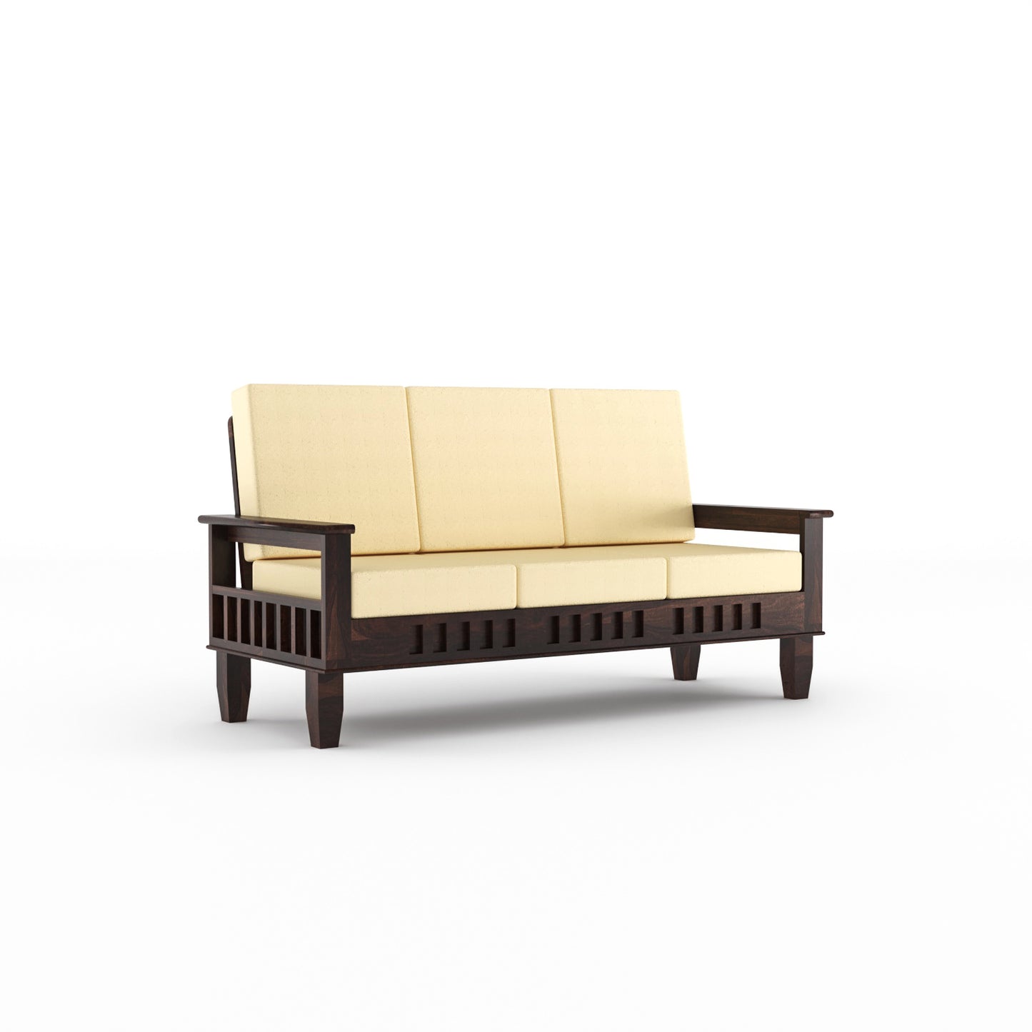 Solid Wood 5 Seater Sofa Set (3 Seater + 2 Single Seaters) | Natural & Walnut Finish with Cushioned Comfort