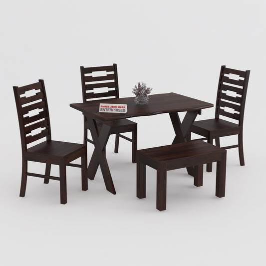 Solid Wood 4 Seater Dining Table Set with 3 Chairs and 1 Bench