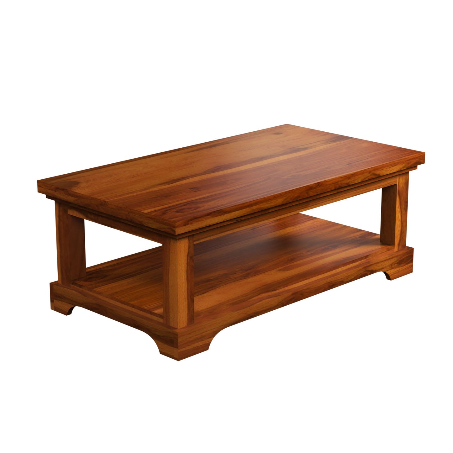 Handcrafted Solid Wood Coffee Table with Carved & Tile-Inlay Top and Storage Shelf