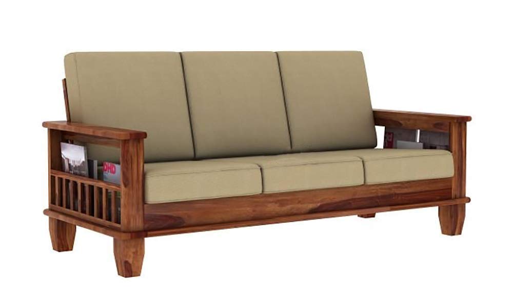 Jeenwood Wooden 3 Seater Sofa Set for Living Room | Three Seater Sofa with Side Magzine & Newspaper Holder for Office & Lounge | Wood Sheesham, Walnut Brown Finish - Natural Brown
