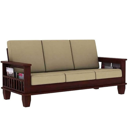 Jeenwood Wooden 3 Seater Sofa Set for Living Room | Three Seater Sofa with Side Magzine & Newspaper Holder for Office & Lounge | Wood Sheesham, Walnut Brown Finish - Mahogany Brown