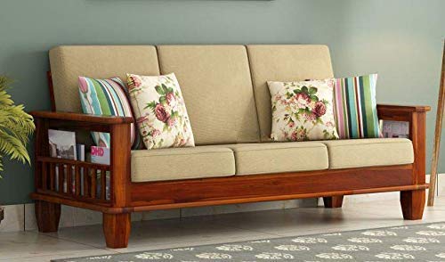 Jeenwood Solid Wooden Sofa Set 3 Seater Furniture, Teak Wood Furniture Sofa Set 3 Seater for Home Living Room with Cushions, (Honey Finish) - Yellow - Honey