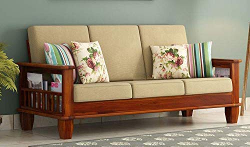 Solid Wooden Sheesham Teak Wood Sofa Set 3 Seater | Home Furniture Living Room | 3 Seater Sofa Set Wooden | Office Furniture Sofa Set | Without Pillow | Cream Cushions - Honey Finish 1