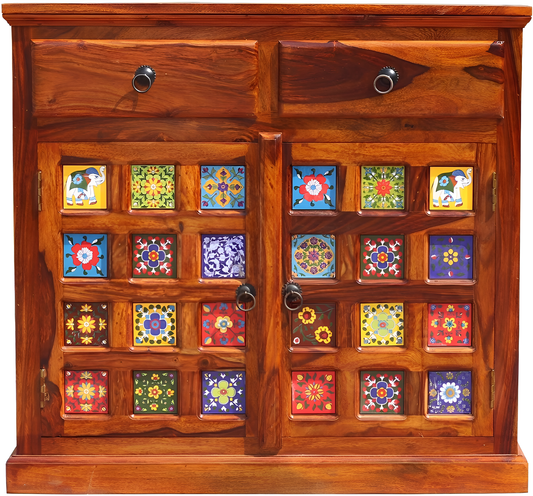 Handcrafted Solid Wood Cabinet with Artistic Hand-Painted Tile Doors