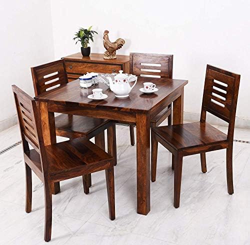 Jeenwood Solid Sheesham Wood 4 Seater Dining Table with 4 Chairs Seating | Wooden Dining Table Set | Dining Table 4 Seater for Dining Room Restaurant & Hotel - Brown