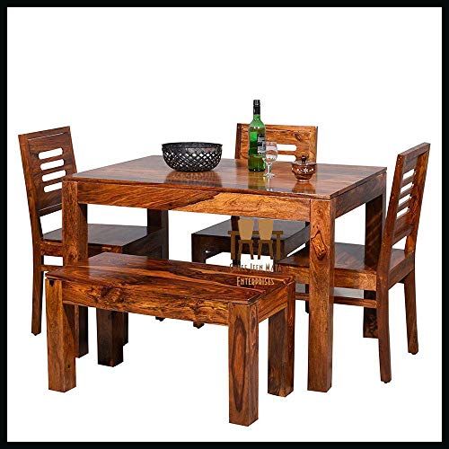 Jeenwood Wooden Solid Sheesham Wood Dining Table 4 Seater | Dining Table Set with 3 Chairs & 1 Bench | Home Dining Room Furniture Teak Wood Dining Table 4 Seater - Honey Finish 1