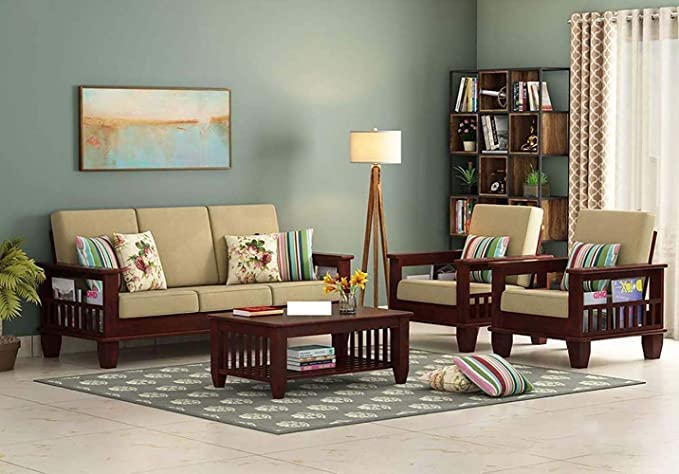 Jeenwood Wooden 5 Seater Sofa Set for Living Room, 3+1+1 Seater Sofa for Office & Lounge, Five Seater Sofa Sets with Side Magzine & Newspaper Holder for Home, Sheesham Wood, Mohagany Finish - Mahogany Finish