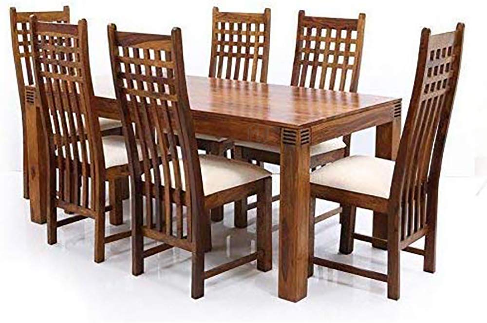 Jeenwood Sheesham Wood Dining Table Set 6 Seater with 6 High Back Cushion Chairs for Living Room Dining Room Furniture Wooden Dinning Table Set - Brown