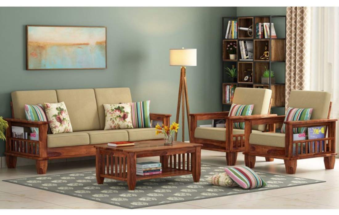 Jeenwood Wooden Solid Sheesham Wood Five Seater Sofa Set with Coffee Table Honey Finish 5 Seater Sofa | 3+1+1 - Honey Finished