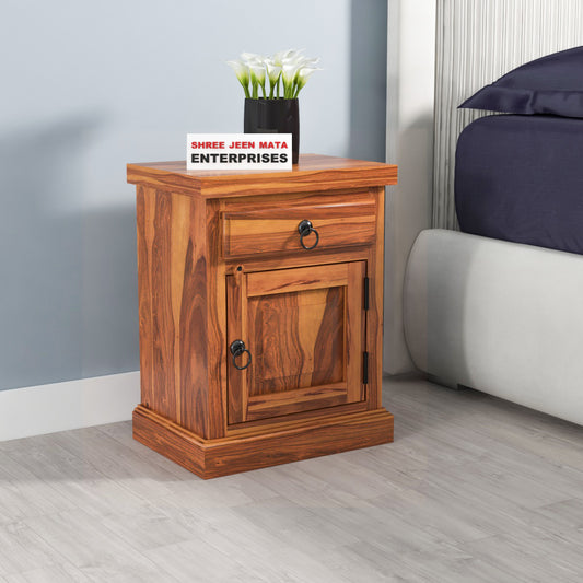 Solid Sheesham Wood Bedside Table with Drawer & Storage Cabinet (Compact Design)