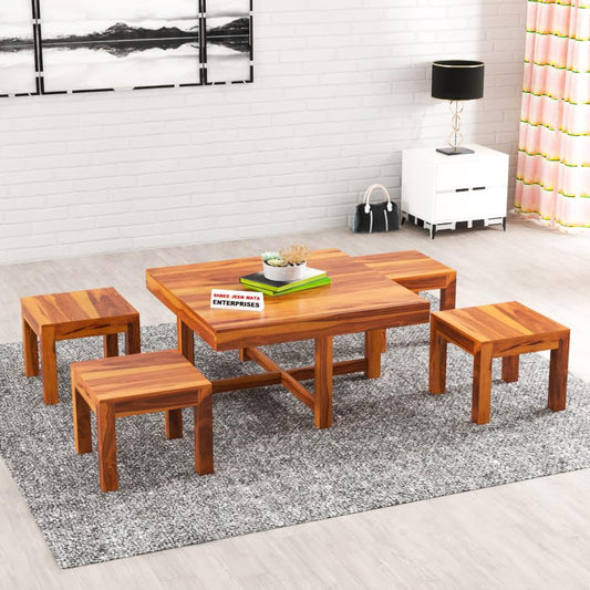 Jeenwood Sheeshsam Wooden Coffee Table with 4 Stools for Living Room - Solid Wood Coffee Table with Seating Stools Tea Table Teapoy Center Piece for Home Sofa Center Table - Alving Honey