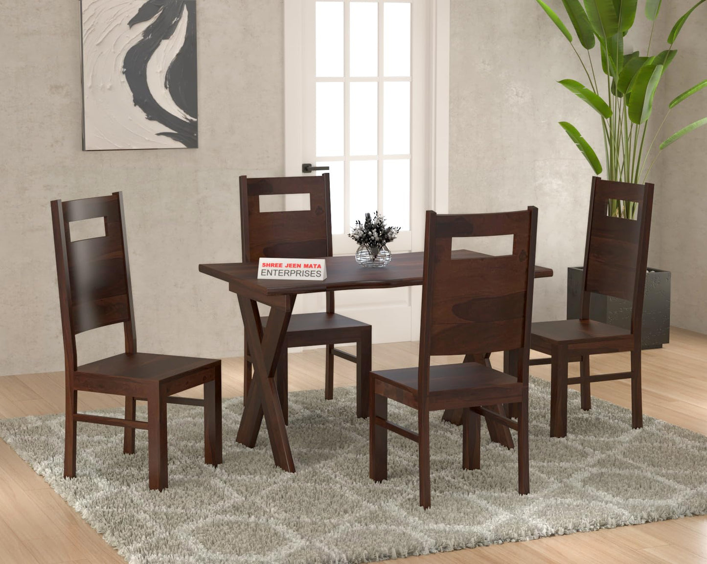 Jeenwood Sheesham Wooden 4 Seater Dining Table with Chairs Dining Set for Dining Room - Wooden Dining Table 4 Seater Modern Dining Table Set of 4 for Hotel Restaurant - Walnut