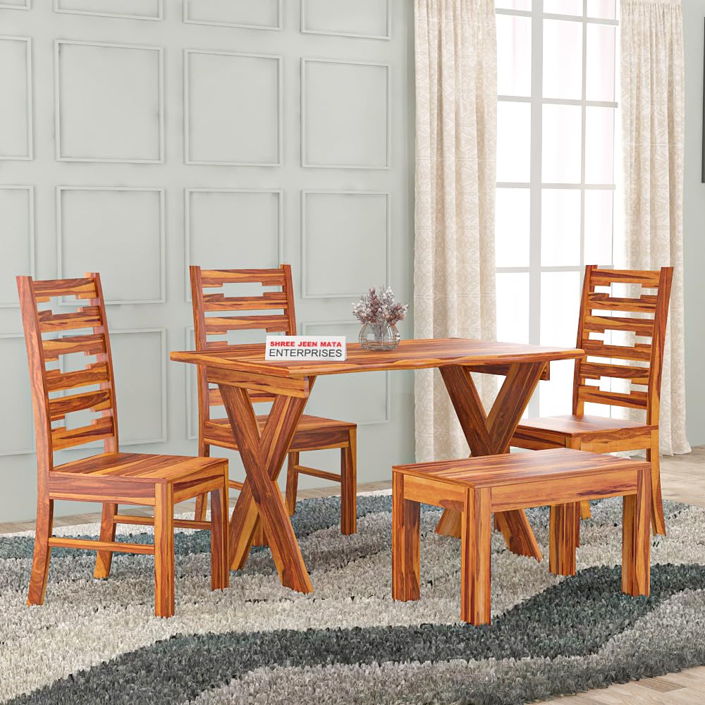 Jeenwood Sheesham Wooden 4 Seater Dining Table with 3 Chairs & 1 Bench - Dining Set for Dining Room - Wooden Dining Table 4 Seater - Modern Dining Table Set of 4 for Hotel - Honey