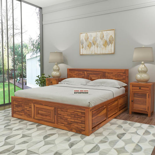 Jeenwood Sheesham Wooden King Size Cot Bed with Box Storage - Premium Diwan Cot for Living Room Bedroom | Solid Wood Double Bed for Home Decor Furniture - Honey