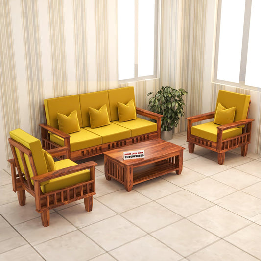 Jeenwood Solid Sheesham Wood 5 Seater Sofa for Living Room - Yellow Honey