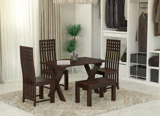 Jeenwood Sheesham Wooden 4 Seater Dining Table with 3 Chairs & 1 Bench - Dining Set for Dining Room - Wooden Dining 4 Seater Dining Table Set of 4 for Living Room Home - Walnut