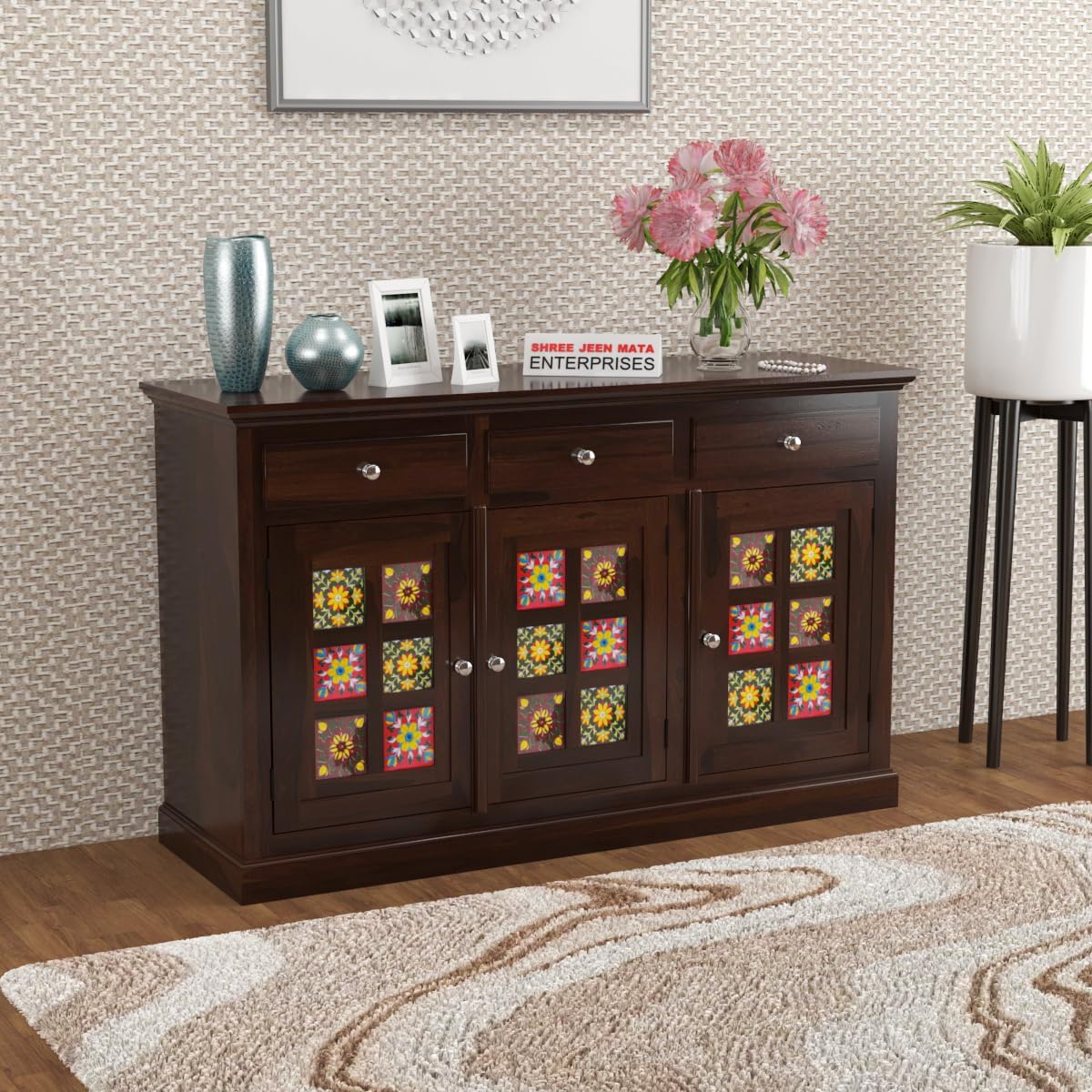 Jeenwood Solid Sheesham Wood Cabinet Drawer | Sideboard with Storage for Living Room | Bedroom | Hallway | Home Furniture - Walnut