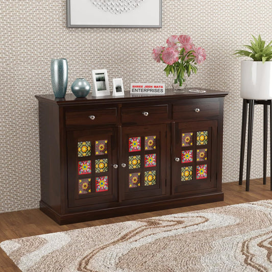 Jeenwood Sheesham Wooden Storage Cabinet for Living Room with 3 Drawer & 6 Shelves - Solid Wood Sideboard for Storage - Wooden Drawer Cabinet for Bedroom Home & Kitchen Cabinet - Walnut