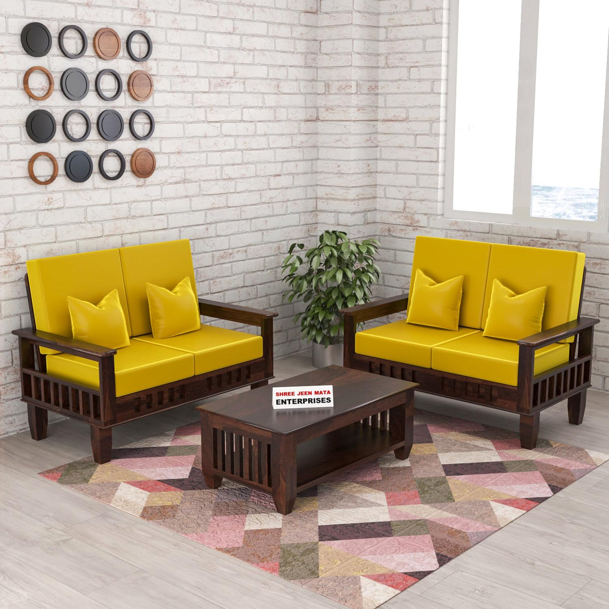 Jeenwood Sheesham Wooden 4 Seater Sofa Set for Living Room - Solid Wood - yellow Walnut