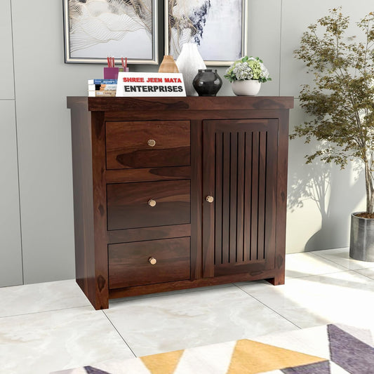 Jeenwood Solid Sheesham Wood Cabinet Drawer | Sideboard with Storage for Living Room | Bedroom | Hall | Home Furniture - Walnut
