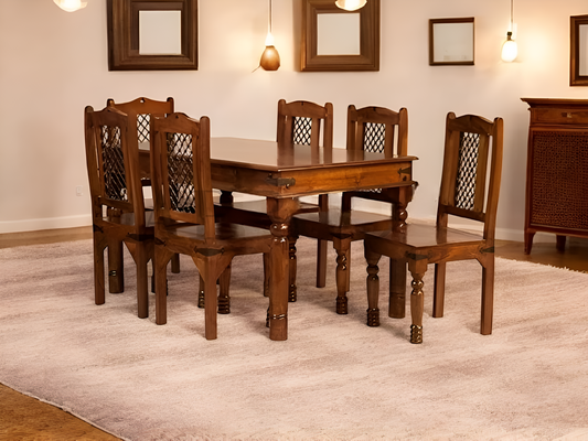 Solid Wood 6 Seater Dining Table Set with Wooden Chairs