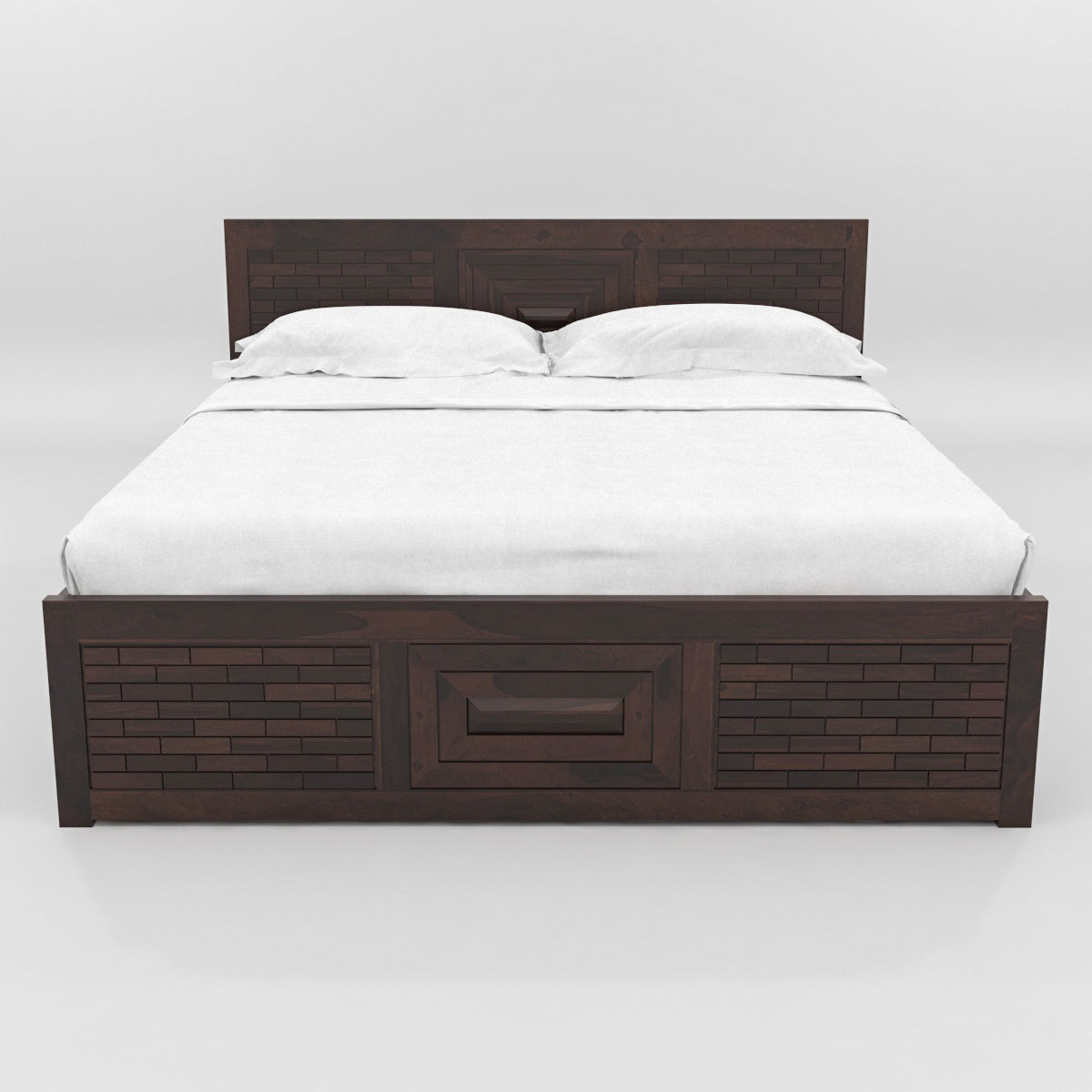 Solid Wood Storage Bed with Designer Panel Headboard – King Size Wooden Bed