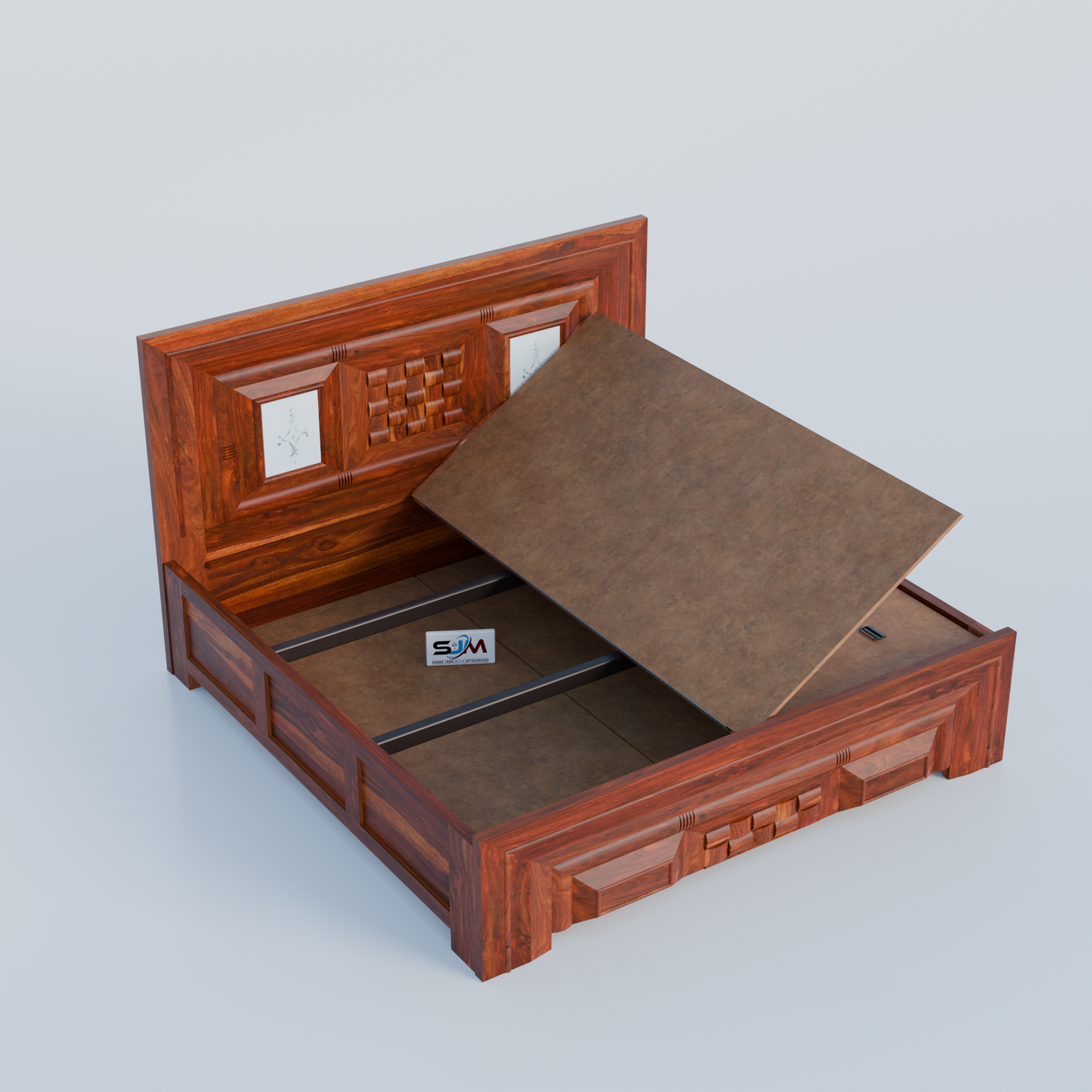 Modern King Size Solid Sheesham Wood Bed with Storage