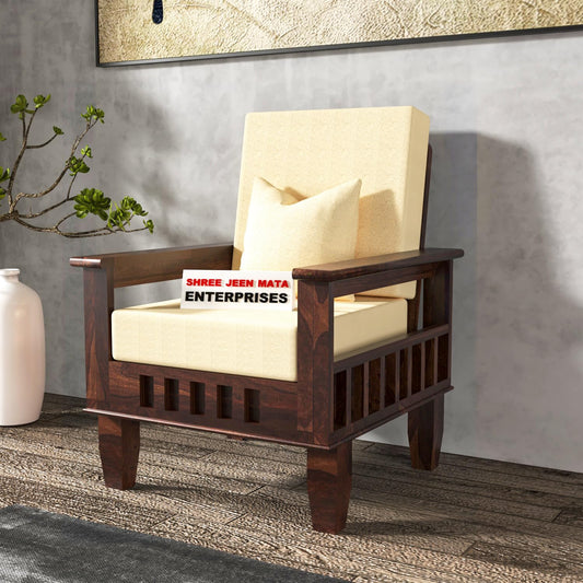 Jeenwood Sheesham Wood Single Seater Sofa | Wooden Single Sofa Chair - Premium Single Chair for Living Room Bedroom | 1 Person Sofa for Home Office Furniture - White Walnut