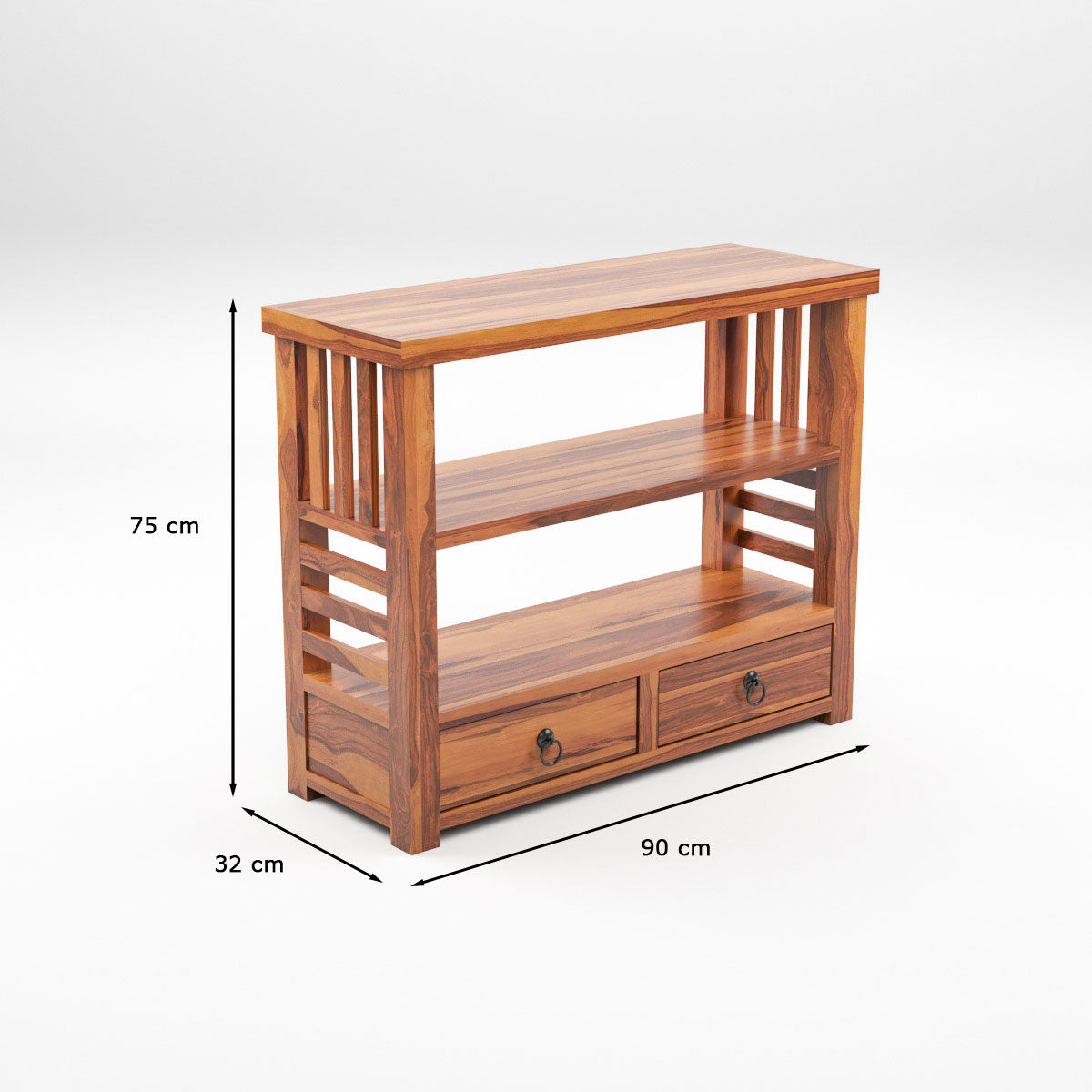 Solid Teak Wood Open Bookshelf with Storage Drawers – 2-Shelf Display & Storage Unit