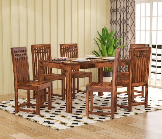 Solid Wood 6 Seater Dining Table Set with Slatted Back Chairs
