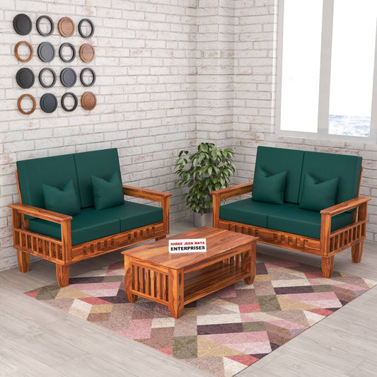 Solid Sheesham Wood 4 Seater Wooden Sofa Set with Polycotton Cushions