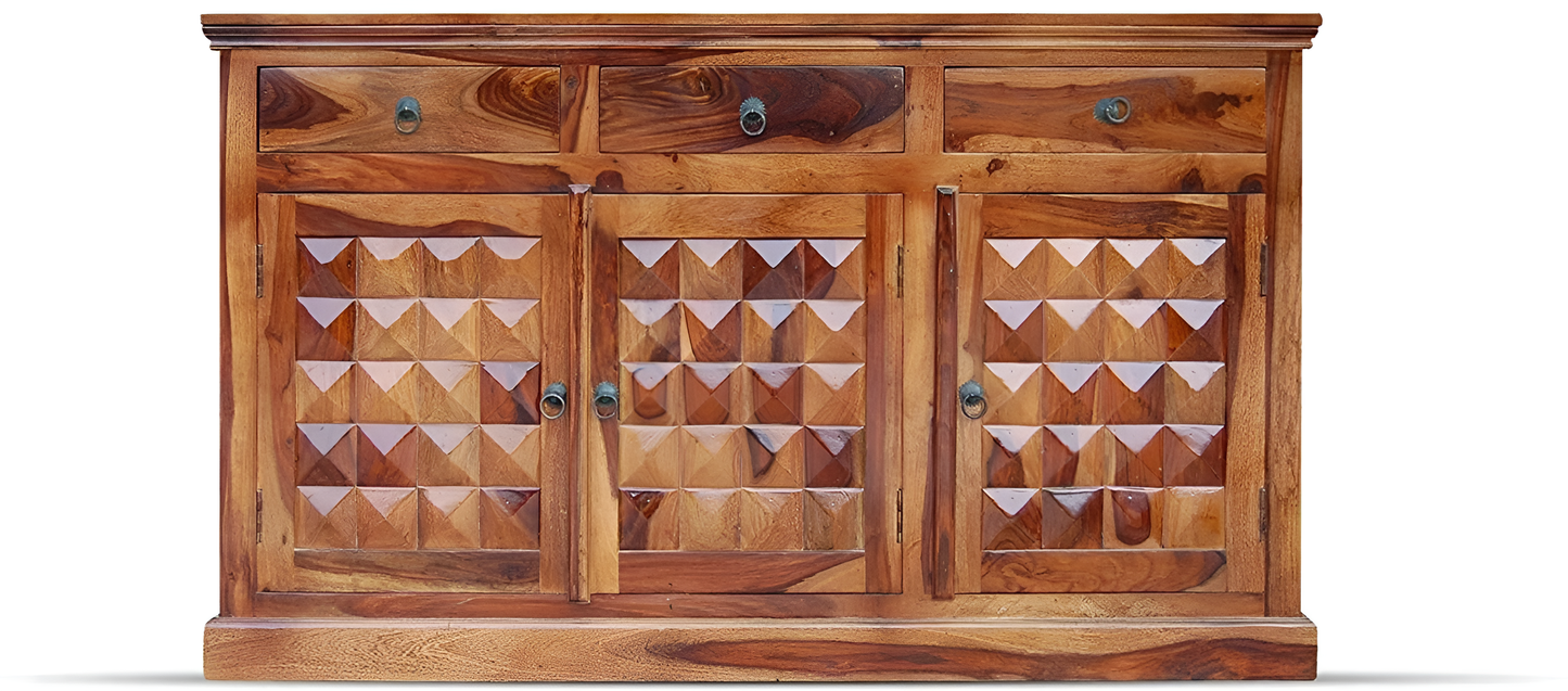 Handcrafted Solid Wood Sideboard with 3D Geometric Carved Doors & Top Drawers