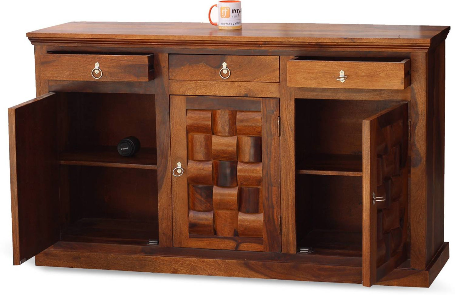 Solid Wood 3-Drawer 3-Door Carved Sideboard Storage Cabinet