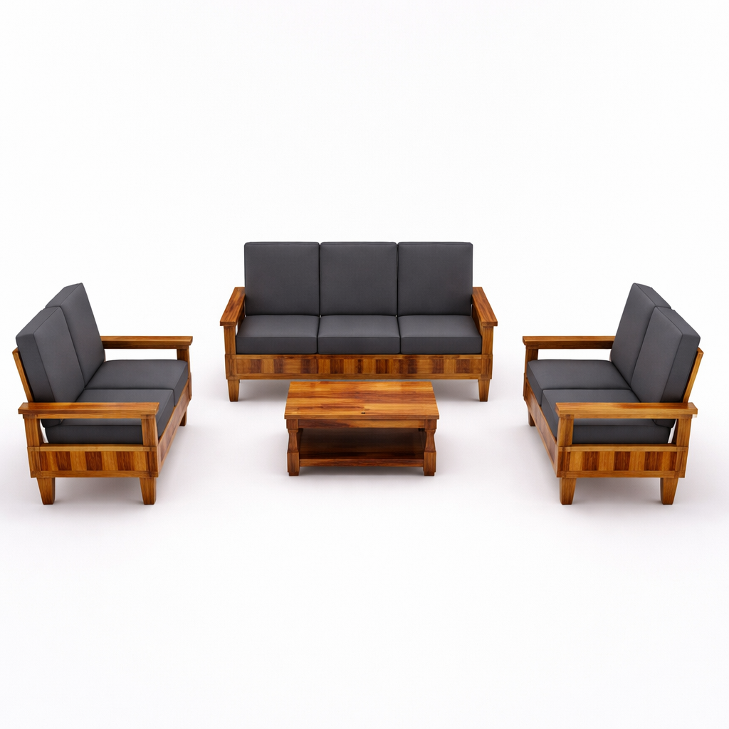 Solid Wood 7 Seater Sofa Set (3+2+2) with Cushioned Seating | Natural & Walnut Finish Wooden Sofa