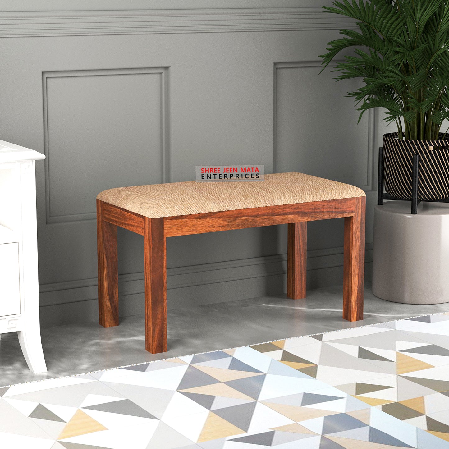 Modern Solid Wood Dining Bench with Upholstered Top