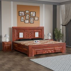 Modern King Size Solid Sheesham Wood Bed with Storage