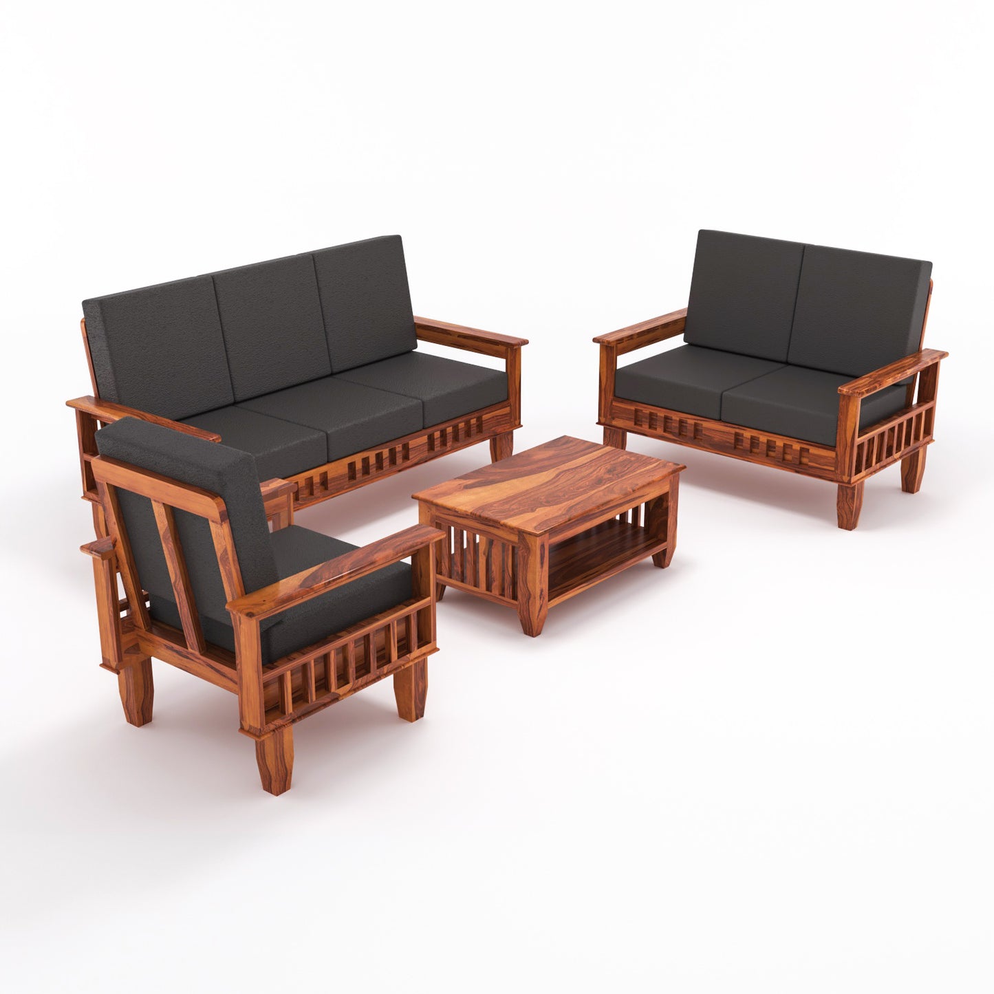 Premium Solid Wood 6 Seater Sofa Set (3+2+1) with Cushioned Seating | Natural & Walnut Finish