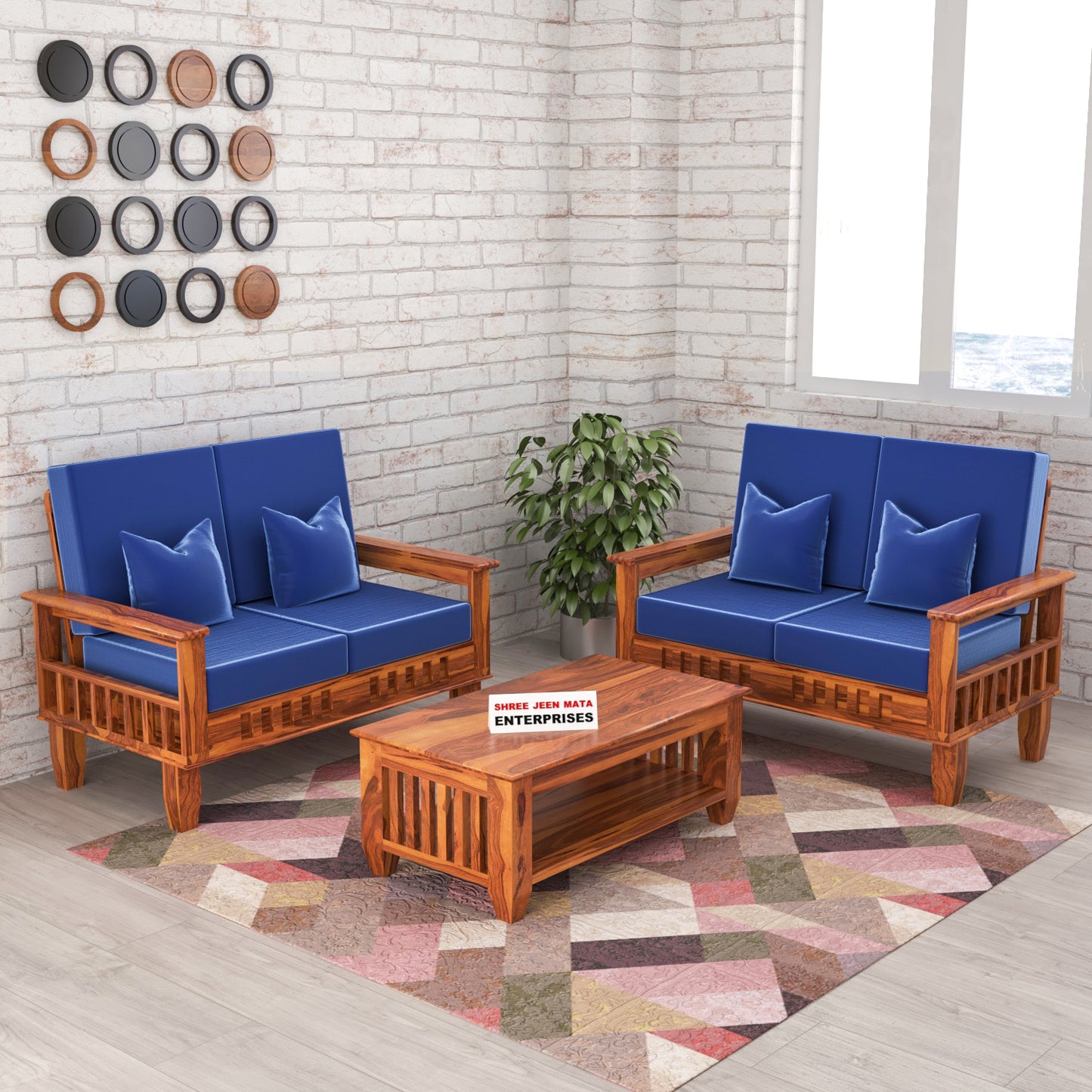 Solid Wood 4 Seater Sofa Set (Set of 2) | Natural & Walnut Finish Wooden Sofa with Cushions
