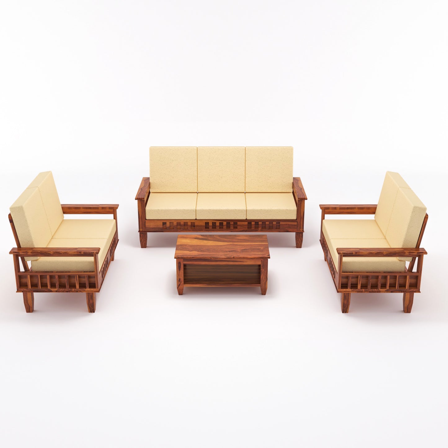 Solid Wood 7 Seater Sofa Set (3+2+2) with Cushioned Seating | Natural & Walnut Finish Wooden Sofa
