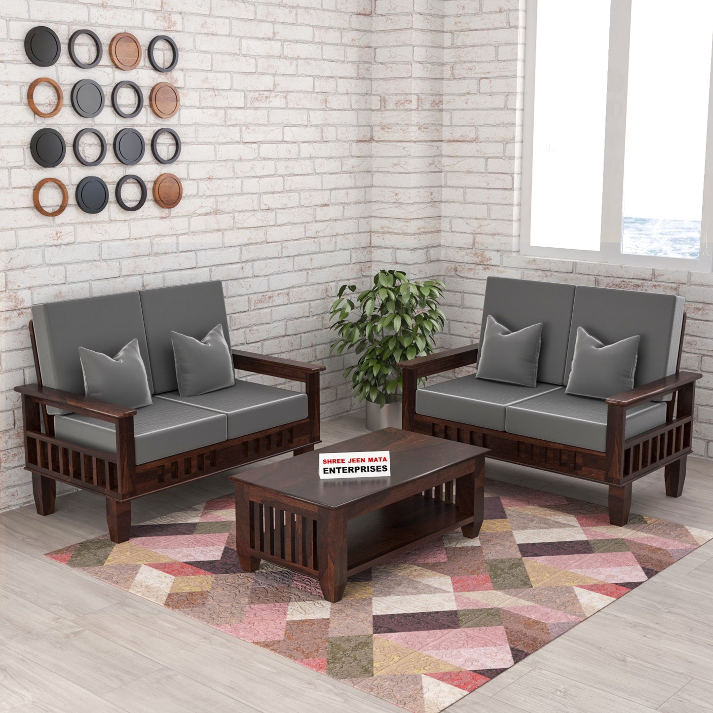 Solid Wood 4 Seater Sofa Set (Set of 2) | Natural & Walnut Finish Wooden Sofa with Cushions