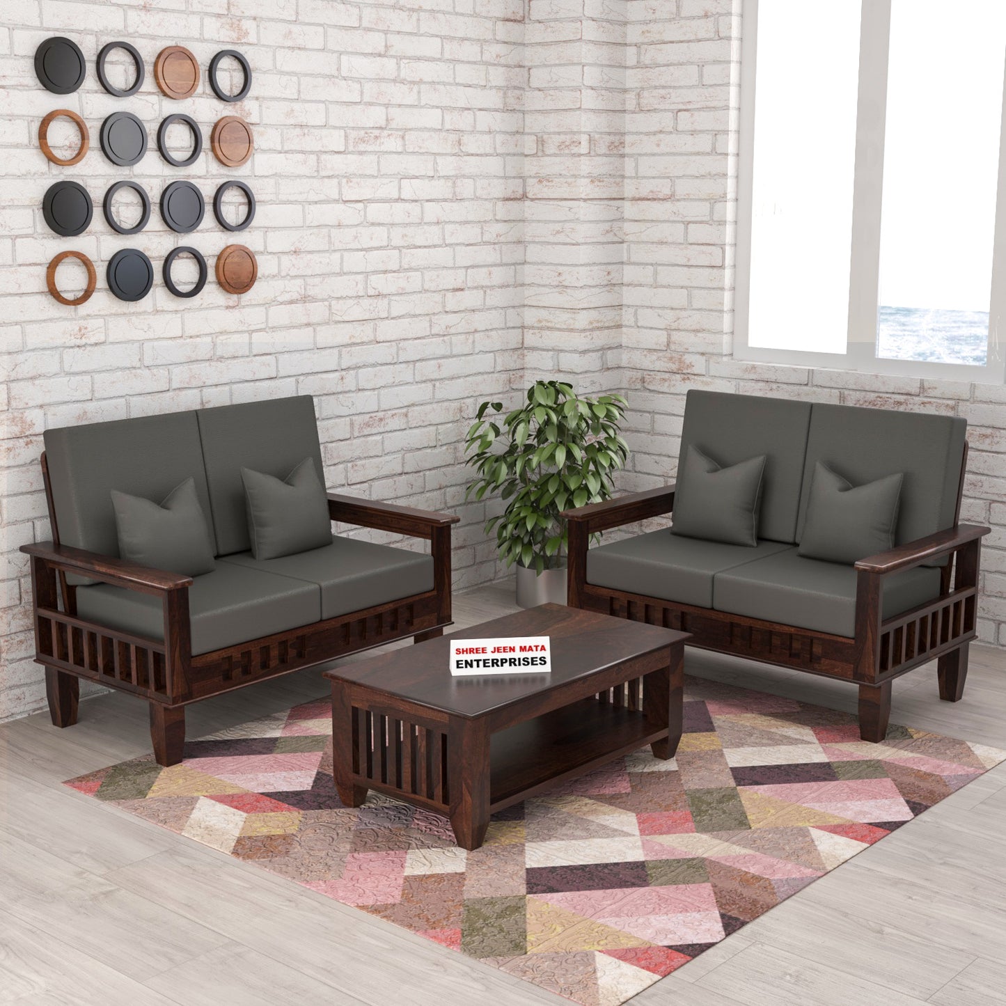 Solid Wood 4 Seater Sofa Set (Set of 2) | Natural & Walnut Finish Wooden Sofa with Cushions