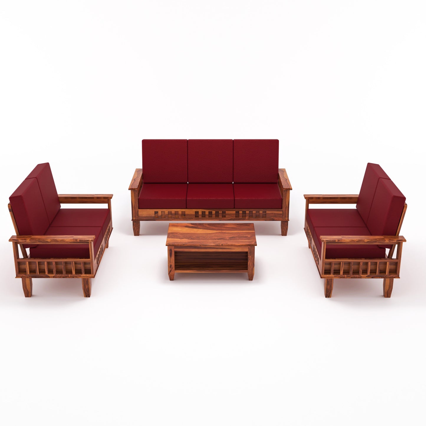 Solid Wood 7 Seater Sofa Set (3+2+2) with Cushioned Seating | Natural & Walnut Finish Wooden Sofa