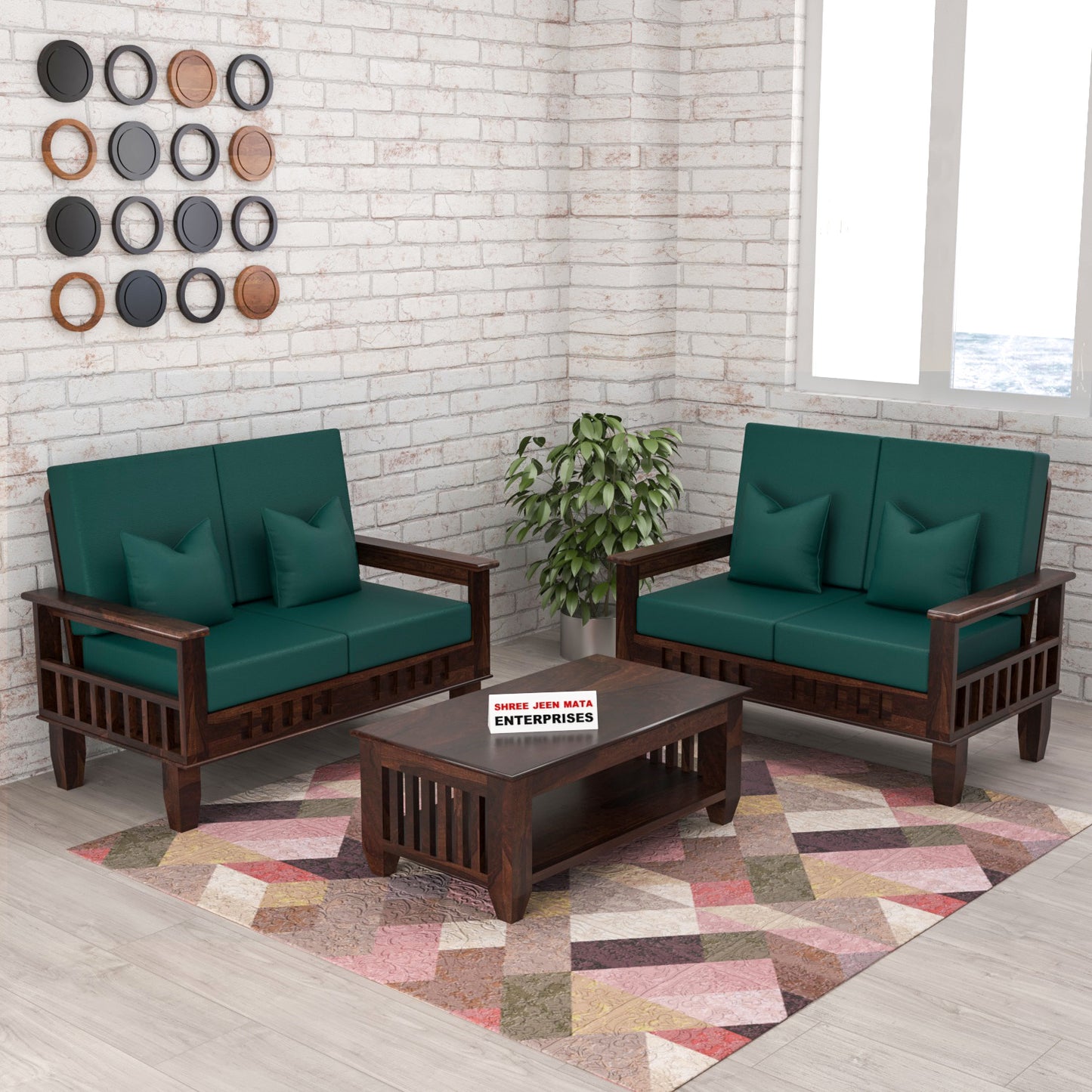 Solid Wood 4 Seater Sofa Set (Set of 2) | Natural & Walnut Finish Wooden Sofa with Cushions