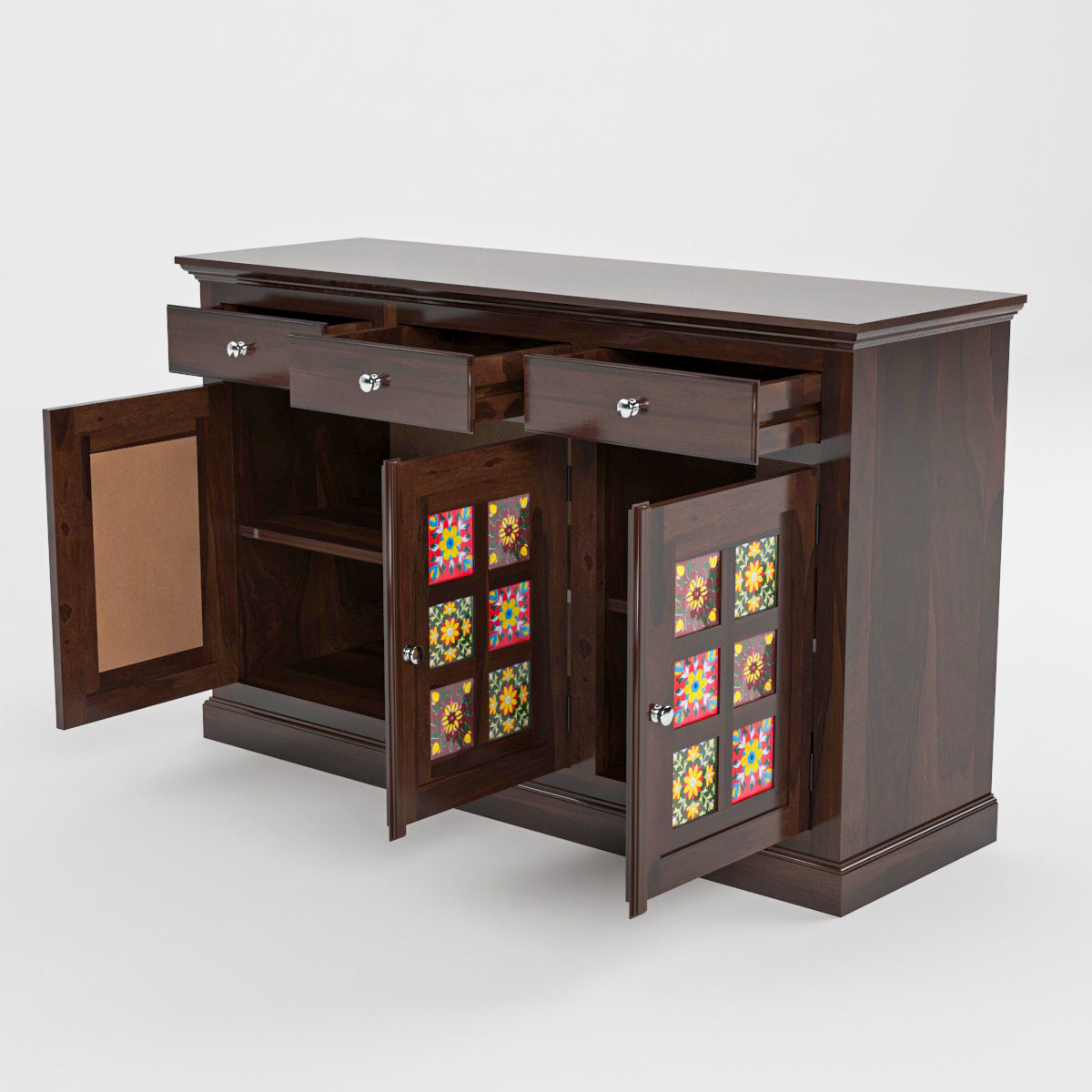 Solid Teak Wood Storage Cabinet with Handcrafted Tile Doors